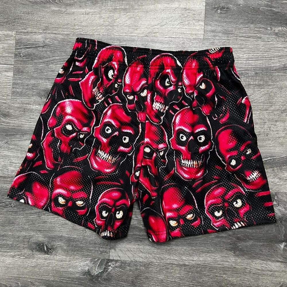 Bravest Studios Red Skully Shorts Mesh Streetwear Skull Graphic Y2K Goth NWT M - Picture 3 of 8